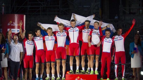 <b>FERDIG?</b> Team Katjusja går nå en usikker fremtid i møte etter at lagets grunnlegger, Igor Makarov sa at det ikke er sikkert at laget søker WorldTour-lisens til 2016-sesongen.  AFP PHOTO / JAIME REINA