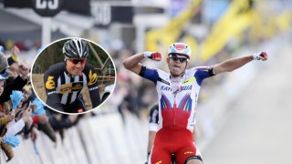 TILSKUER: Edvald Boasson Hagen (innfelt) måtte se Alexander Kristoff vinne Flandern rundt fra sidelinja. Foto: Afp / NTB scanpix / procycling.no (montasje)