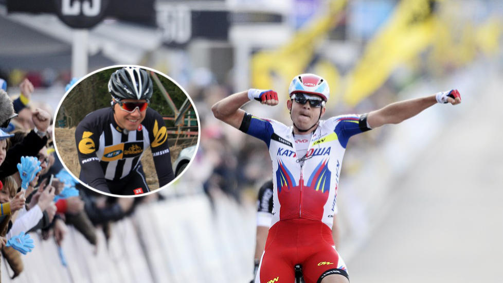 TILSKUER: Edvald Boasson Hagen (innfelt) måtte se Alexander Kristoff vinne Flandern rundt fra sidelinja. Foto: Afp / NTB scanpix / procycling.no (montasje)
