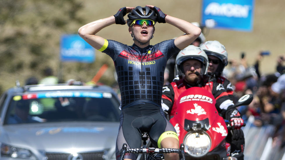 SJOKK I SAN JOSE: Den ukjent Toms Skujin? holdt unna for favorittene på tredje etappen i Tour of California med et imponerende 50 kilometer langt solobrudd. Den 23 år gamle latvieren tok også over ledelsen sammenlagt i det amerikanske etapperittet. Foto: Tim de Waele (©TDWSport.com)
