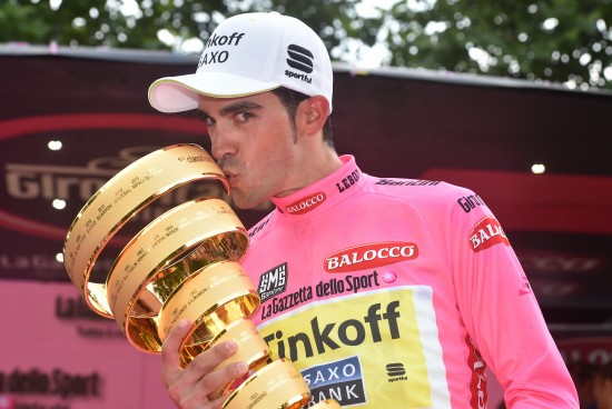 Cycling: 98th Tour of Italy 2015 / Stage 21 Podium/ CONTADOR Alberto (ESP) Pink Leader Jersey Celebration Joie Vreugde/ Trophee Trofee Cup / Torino-Milano (185Km)/ Giro Tour Ronde van Italie / Rit Etape / © Tim De Waele
