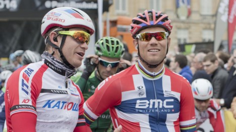 <b>GAMLE KJENTE:</b> Alexander Kristoff heier på Thor Hushovds profflag, og kan tenke seg å sykle for nordmannen en gang i framtida.