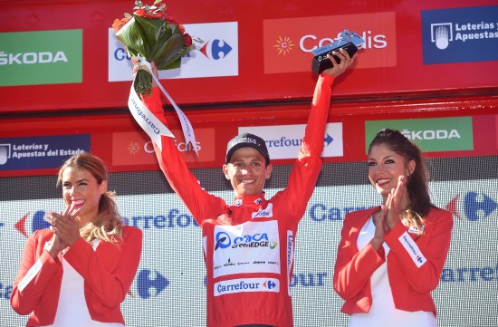 Cycling: 70th Tour of Spain 2015 / Stage 3  Podium/ CHAVES Johan Esteban (COL) Red Leader Jersey/ Celebration Joie Vreugde/ Mijas-Malaga (158,4Km)/  Rit Etappe / Vuelta Tour d'Espagne Ronde van Spanje /(c)Tim De Waele