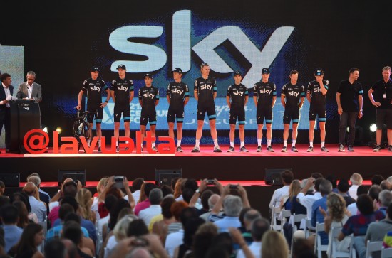 Cycling: 70th Tour of Spain 2015 / Team Presentation Team SKY (GBR)/ FROOME Christophe(GBR)/ BOSWELL Ian (USA)/ HENAO MONTOYA Sergio Luis (COL)/ KIRYIENKA Vasil (BLR)/ KNEES Christian (GER)/ NIEVE ITURALDE Mikel (ESP)/ PUCCIO Salvatore (ITA)/ ROCHE Nicolas (IRL)/ THOMAS Geraint (GBR)/ Presentation d'Equipes Ploegenpresentatie / Benahavis / Vuelta Tour d'Espagne Ronde van Spanje /(c) Tim De Waele