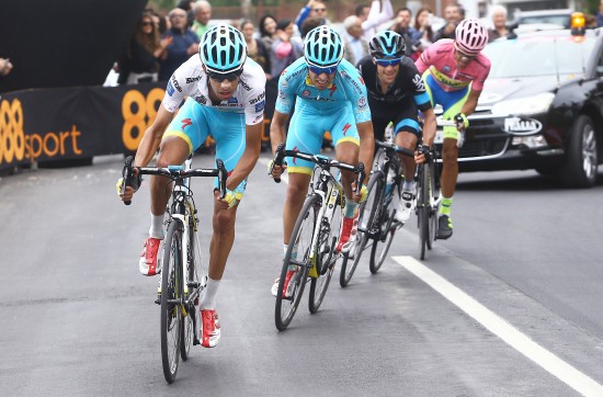 Cycling: 98th Tour of Italy 2015 / Stage 9  ARU Fabio (ITA) White Young jersey / LANDA MEANA Mikel (ESP)/ PORTE Richie (AUS)/ CONTADOR Alberto (ESP) Pink leader jersey /  Benevento - San Giorgio Del Sannio (224Km)/  Giro Tour Ronde van Italie / Rit Etape /© Tim De Waele