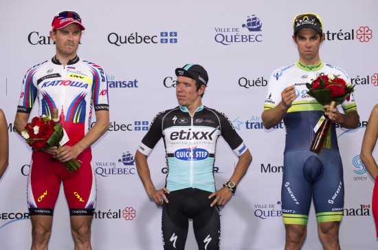 Cycling: 6th Grand Prix Cycliste de Quebec 2015 Podium/ Alexander KRISTOFF (Nor) / URAN URAN Rigoberto (Col)/ Michael MATTHEWS (Aus)/ Celebration Joie Vreugde / Quebec - Quebec (201.6Km)/ Grand Prix Quebec/ (c) Tim De Waele