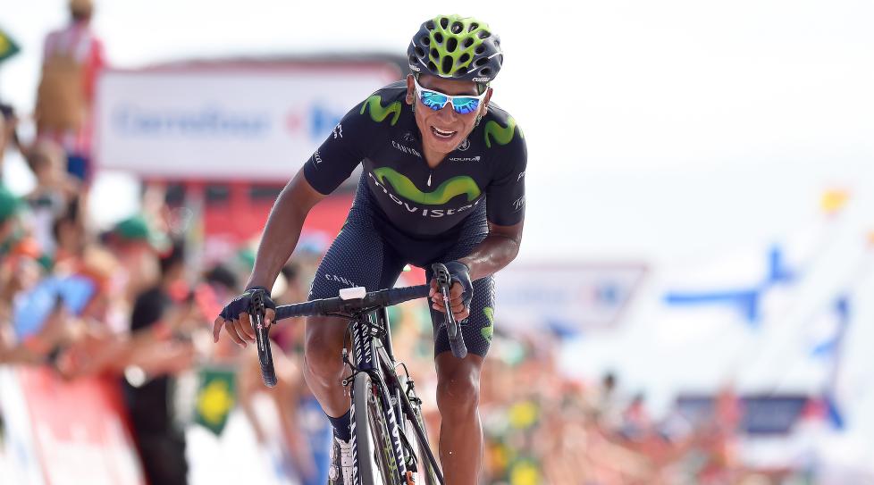 <b>BEGYNNER Å FINNE FORMEN:</b> Nairo Quintana tok tid på alle sine konkurrenter på den 14. etappen i årets Vuelta a España. Her fra den niende etappen, da han ble frakjørt i siste bakke. Foto: Tim de Waele (©TDWSport.com)