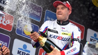<b>MER Å FEIRE?</b> Her spretter Alexander Kristoff etter å ha gått til topps under Flandern rundt i april, men det er ikke det som er grunnen til at Kristoffer Skjerping mener landsmannen ligger godt an til å vinne VM-gull i Richmond. FOTO: Tim De Waele/TDWSPORT.COM