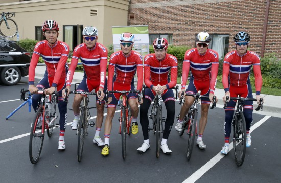 Richmond, USA 20150925. Pressekonferanse med de norske sykkelherrene. De norske rytterne er klare for VM landeveisritt søndag. Fra venstre Vegard Breen, Alexander Kristoff, Sven Erik Bystrøm, Vegard Stake Laengen, Edvald Boasson Hagen og Lars Petter Nordhaug. Foto: Terje Pedersen / NTB scanpix