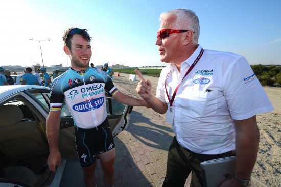 Cycling : Tour of Qatar 2013 / Stage 4 Arrival / Mark CAVENDISH (Gbr)/ Patrick LEFEVERE (Bel) CEO Team Manager / Team Omega Pharma Quick-Step (Bel)/ Celebration Joie Vreugde / Camel Race Track - Al Khor Corniche (160Km)/ Ronde Etape Rit /(c)Tim De Waele