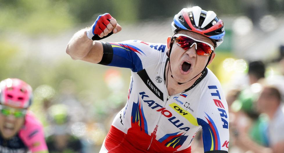 <b>JUBEL I ITALIA?</b> Neste år Giro d'Italia-start burde passe Kristoff ypperlig. Her fra etappeseieren i årets Sveit rundt. Foto: JEAN-CHRISTOPHE BOTT (Scanpix/Epa)