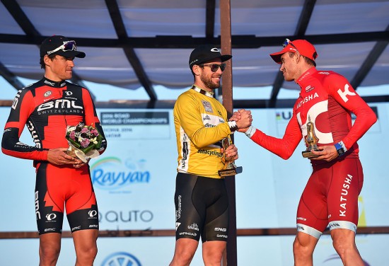 PODIET: Alexander Kristoff ble tredjemann sammenlagt i Tour of Qatar. Mark Cavendish (midten) vant foran Greg van Avermaet. Foto: Tim de Waele (©TDWSport.com)