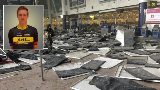 BOMBET: Ødeleggelsene på Zaventem-flyplassen etter tirsdagens bombing. Syklisten Sindre Eid Hermansen (innfelt) opplevde terrorangrepet på nært hold. Foto: Reuters / NTB scanpix / Team FixIt (montasje)