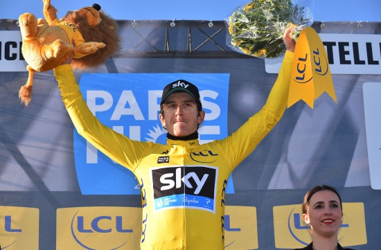 Cycling: 74th Paris - Nice 2016 / Stage 6 Podium THOMAS  Geraint (GBR) Yellow leaders jersey Celebration Joie Vreugde / Nice - La Madone d'Utelle (177Km)/ PN Etape Rit /(c) Tim De Waele