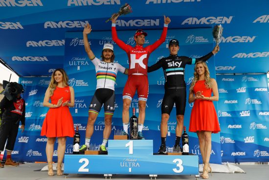 SANTA ROSA, CA - MAY 21: Stage winner Alexander Kristoff (C) of Norway riding for Team Katusha takes the podium with Peter Sagan (L) of Slovakia riding for Tinkoff in second place and Danny Van Poppel (R) of The Netherlands riding for Team Sky in stage seven of the 2016 Amgen Tour of California on May 21, 2016 in Santa Rosa, California. Doug Pensinger/Getty Images/AFP == FOR NEWSPAPERS, INTERNET, TELCOS & TELEVISION USE ONLY ==
