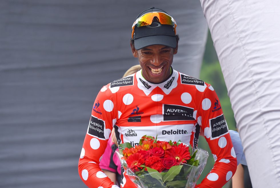 SMILER: Daniel Teklehaimanot i polkadot-trøya etter 5. etappe. Foto: Tim de Waele (©TDWSport.com)