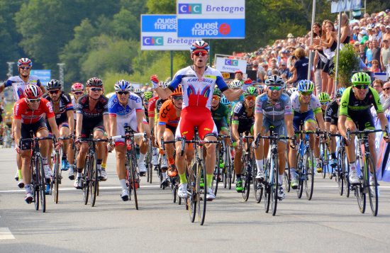 Cycling: 49th GP Ouest France - Plouay 2015/ Men Arrival/ KRISTOFF Alexander (Rus) Celebration Joie Vreugde/ PONZI Simone (Ita)/ NAVARDAUSKAS Ramunas (Lit)/ Plouay - Plouay (229.1Km)/ Men Hommes Mannen (c)Tim De Waele