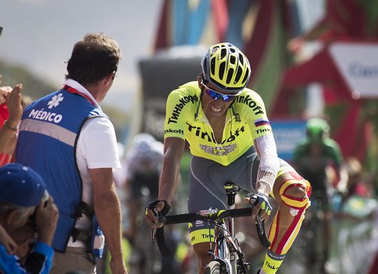 Tinkoff's Spanish cyclist Alberto Contador crosses the finish line during the 8th stage of the 71st edition of "La Vuelta" Tour of Spain, a 181,5 km route between Villalpando to La Camperona on August 27, 2016. / AFP PHOTO / JAIME REINA