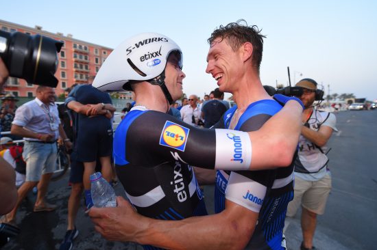Cycling: 89th Road World Championships 2016 / TTT Men Elite Arrival / Tony MARTIN (GER) / Julien VERMOTE (BEL) / Celebration /  Lusail Sports Complex - The Pearl Qatar (40km)/ Team Time Trial / WC / © Tim De Waele