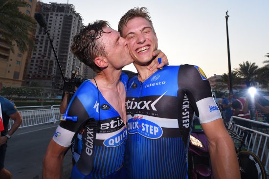 Cycling: 89th Road World Championships 2016 / TTT Men Elite Arrival/ Niki TERPSTRA (NED) / Marcel KITTEL (GER) / Celebration / Lusail Sports Complex - The Pearl Qatar (40km)/ Team Time Trial / WC / © Tim De Waele