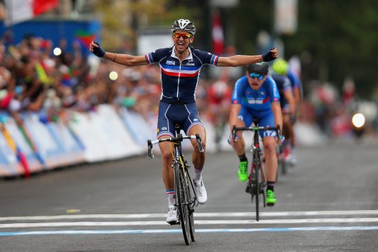 RICHMOND, VA - SEPTEMBER 25: Kevin Ledanois of France celebrates winning the Men's U23 Road Race on day six of UCI Road World Championships on September 25, 2015 in Richmond, Virginia. Bryn Lennon/Getty Images/AFP == FOR NEWSPAPERS, INTERNET, TELCOS & TELEVISION USE ONLY ==