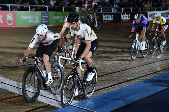British cyclists Mark Cavendish (L) and Bradley Wiggins compete in the Madison race on the first day of the London Six Day 2016 cycling event at the Lee Valley VeloPark in east London on October 25, 2016. Bradley Wiggins has been in the spotlight since leaked medical data showed the five-time Olympic champion had been granted a therapeutic use exemption (TUE) by cycling authorities for the powerful steroid triamcinolone, which he was permitted to take before the 2012 Tour de France, which he won, and the 2011 Tour and 2013 Giro d'Italia. / AFP PHOTO / Glyn KIRK