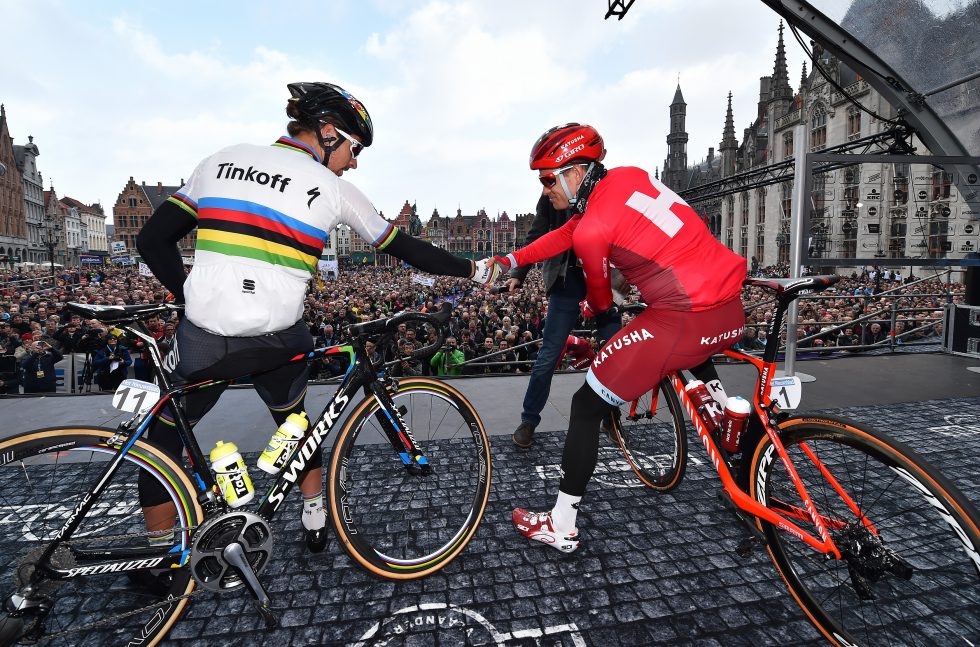 Cycling: 100th Tour of Flanders 2016 Start Departure Vertrek/ KRISTOFF Alexander (NOR)/ SAGAN Peter (SVK) / Fans Supporters / BRUGGE City Ville Stad/ Public Publiek Spectators / Brugge - Oudenaarde (255Km)/ Ronde van Vlaanderen Tour of Flanders RVV Bruges / © Tim De Waele