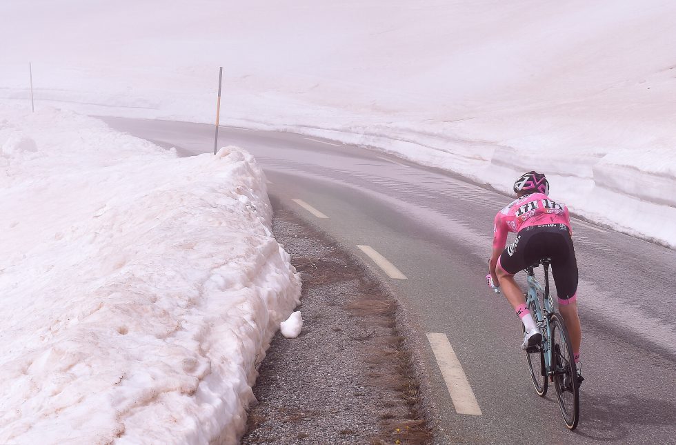 Cycling: 99th Tour of Italy 2016 / Stage 19 Illustration / Landscape / Mountains / Snow / Steven KRUIJSWIJK (NED) Pink Leader Jersey / Colle Dell'Agnello 2744m / Pinerolo - Risoul 1862m (162km)/ Giro / © Tim De Waele