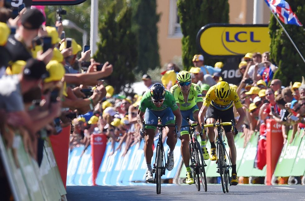Cycling: 103th Tour de France 2016 / Stage 11 Arrival / Christopher FROOME (GBR) Yellow Leader Jersey/ Peter SAGAN (SVK) Green Sprint Jersey / Maciej BODNAR (POL)/ Carcassonne - Montpellier (162,5km)/ TDF / © Tim De Waele