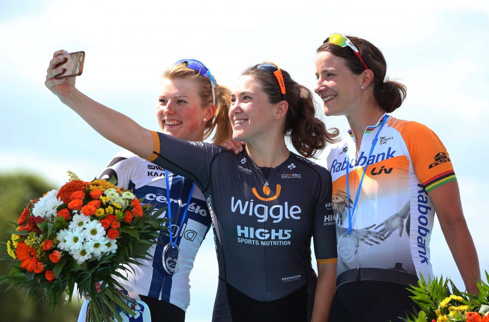 Cycling: La Course 2016 - by Le Tour de France Podium / Lotta EPISTO (FIN)/ Chloe HOSKING (AUS) / Marianne VOS (NED)/ Celebration / Paris Champs-Elysees - Paris Champs-Elysees (89Km)/ La Course - by Le Tour / TDF / © Tim De Waele