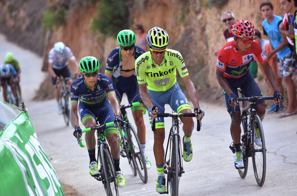 Cycling: 71st Tour of Spain 2016 / Stage 17 Nairo QUINTANA (COL) Red Leader Jersey / Alberto CONTADOR (ESP)/ Johan Esteban CHAVES RUBIO (COL)/ Magnus CORT NIELSEN (DEN)/ Christopher FROOME (GBR) White Combination Jersey / Castellon - Llucena Camins del Penyagolosa 980m (177,5km)/ La Vuelta / pool gw© Tim De Waele