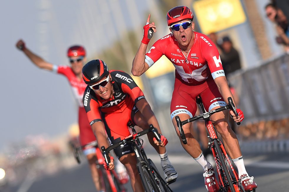Cycling: 15th Tour of Qatar 2016 / Stage 4 Arrival / KRISTOFF Alexander (NOR) Celebration Joie Vreugde / VAN AVERMAET Greg (BEL)/ KUZNETSOV Viacheslav (RUS)/ Al Zubarah Fort - Madinat Al Shamal (189Km)/ Etape Rit Ronde/(c) Tim De Waele