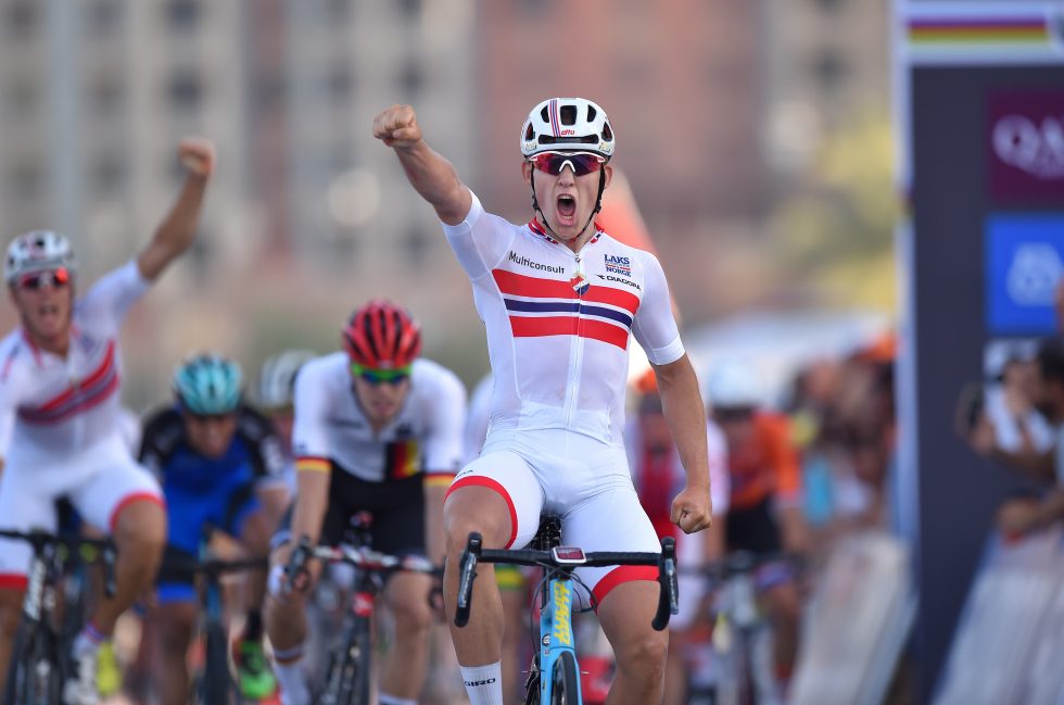 Cycling: 89th Road World Championships 2016 / Men U23 Road Race Arrival / Kristoffer HALVORSEN (NOR) Celebration / The Pearl Qatar - The Pearl Qatar (166km)/ Men U23 / WC / © Tim De Waele