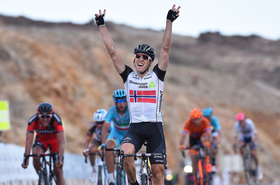 Cycling: 7th Tour of Oman 2016 / Stage 2 Arrival / BOASSON HAGEN Edvald (NOR) Celebration Joie Vreugde / NIBALI Vincenzo (ITA)/ VAN AVERMAET Greg (BEL)/ Omantel Head Office - Quriyat 250m (162Km)/ Tour Ronde / Etape Rit / © Tim De Waele