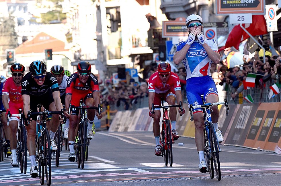 Cycling: 107th Milan - Sanremo 2016 Arrival/ DEMARE Arnaud (FRA)/ Celebration Joie Vreugde/ SWIFT Ben (GBR)/ Milano - Sanremo (291Km) Milano Milaan © Tim De Waele