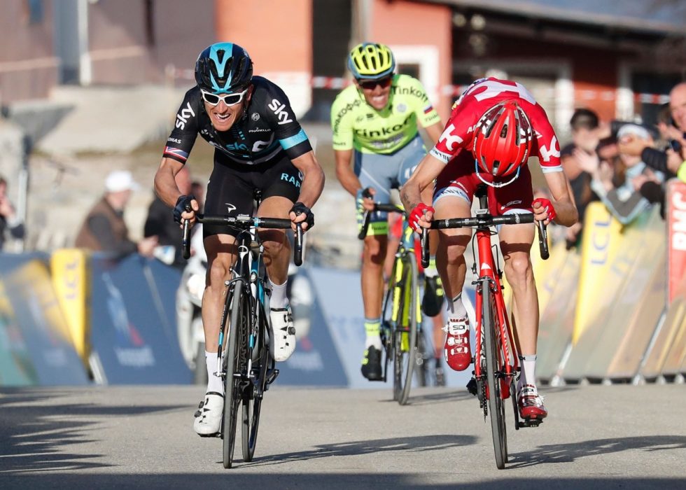 SEKUNDSTRID: Det ble jevnt under avslutningen av fjorårets Paris-Nice. Til slutt hadde Geraint Thomas bare fire sekunder til Alberto Contador. Her er rytterne i aksjon på 5. etappe