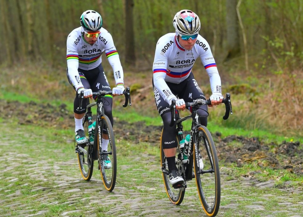 TO BLAD SAGAN: I hver sin mestertøye. Her fra Arenbergskogen under opptakten til årets Paris - Roubaix. Foto: Tim de Waele