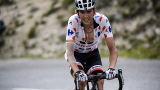 France's Warren Barguil wearing the best climber's polka dot jersey rides in a breakaway during the 183 km seventeenth stage of the 104th edition of the Tour de France cycling race on July 19