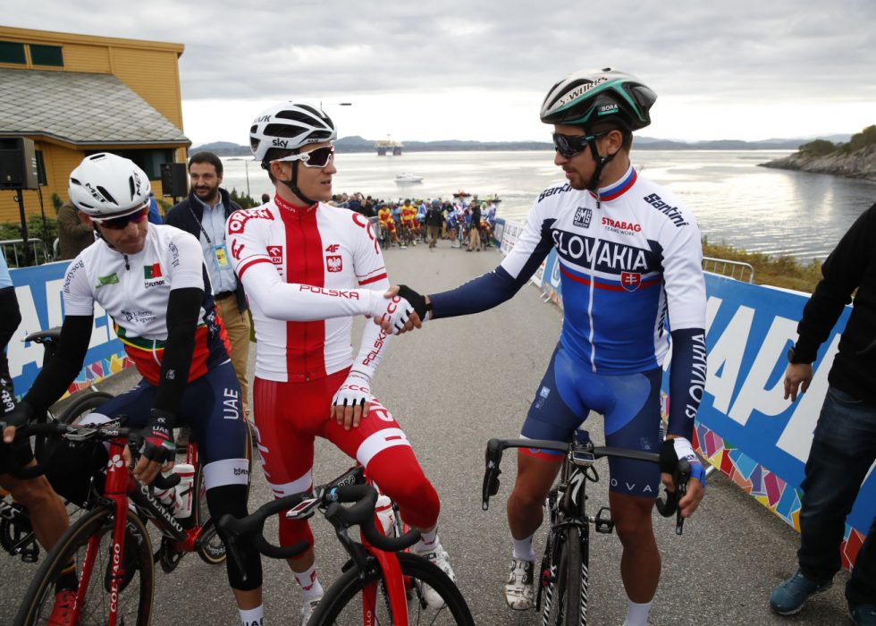 TIDLIGERE MESTERE: Michal Kwiatkowski og Peter Sagan er to av fire tidligere verdensmestere på start i Bergen. De to er blant de største favorittene også i år. Foto: Cornelius Poppe / NTB scanpix