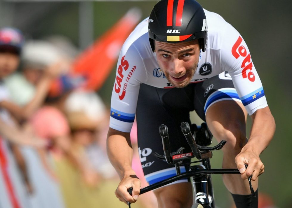 FORSVARTE TITTELEN: Victor Campenaerts ble europamester i tempo for andre året på rad. FOTO: / AFP PHOTO / Fabrice COFFRINI