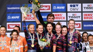 INNSBRUCK, AUSTRIA - SEPTEMBER 23: Podium / Chantal Blaak of The Netherlands / Karol-Ann Canuel of Canada / Amalie Dideriksen of Denmark / Christine Majerus of Luxembourg / Amy Pieters of Netherlands / Anna Van Der Breggen of Netherlands and Boels Dolmans Cyclingteam of The Netherlands / Silver Medal / Alena Amaliusik of Belarus / Alice Barnes of Great Britain / Hannah Barnes of Great Britain / Elena Cecchini of Italy / Lisa Klein of Germany / Trixi Worrack of Germany and Canyon SRAM Racing Team of Germany / Gold Medal / Lucinda Brand of The Netherlands / Leah Kirchmann of Canada / Liane Lippert of Belgium /Pernille Mathiesen of Denmark / Coryn Rivera of The United States / Ellen van Dijk of The Netherlands and Team Sunweb of The Netherlands / Bronze Medal / Celebration / during the UCI Team Time Trial Women a 54,5km race from Otztal to Innsbruck at the 91st UCI Road World Championships 2018 / TTT / RWC / on September 23, 2018 in Innsbruck, Austria. (Photo by Justin Setterfield/Getty Images)