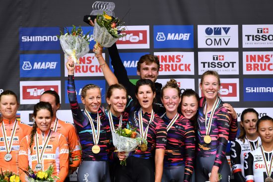INNSBRUCK, AUSTRIA - SEPTEMBER 23: Podium / Chantal Blaak of The Netherlands / Karol-Ann Canuel of Canada / Amalie Dideriksen of Denmark / Christine Majerus of Luxembourg / Amy Pieters of Netherlands / Anna Van Der Breggen of Netherlands and Boels Dolmans Cyclingteam of The Netherlands / Silver Medal / Alena Amaliusik of Belarus / Alice Barnes of Great Britain / Hannah Barnes of Great Britain / Elena Cecchini of Italy / Lisa Klein of Germany / Trixi Worrack of Germany and Canyon SRAM Racing Team of Germany / Gold Medal / Lucinda Brand of The Netherlands / Leah Kirchmann of Canada / Liane Lippert of Belgium /Pernille Mathiesen of Denmark / Coryn Rivera of The United States / Ellen van Dijk of The Netherlands and Team Sunweb of The Netherlands / Bronze Medal / Celebration / during the UCI Team Time Trial Women a 54,5km race from Otztal to Innsbruck at the 91st UCI Road World Championships 2018 / TTT / RWC / on September 23, 2018 in Innsbruck, Austria. (Photo by Justin Setterfield/Getty Images)